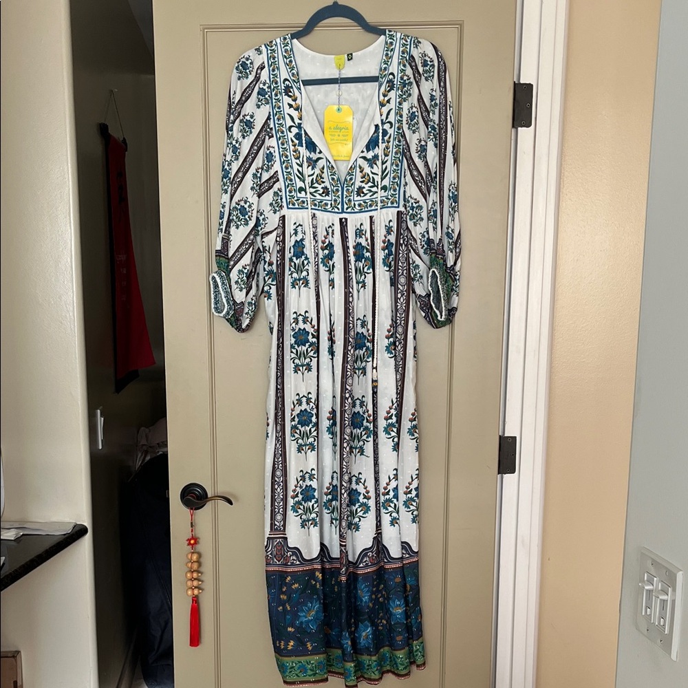 Farm Rio White Maxi Dress with Teal and Green Floral Border
